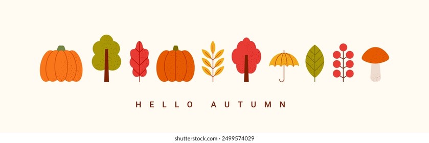 Autumn minimalist banner with fall colorful icons. Pumpkins, autumn leaves, trees, berries, mushroom. Thanksgiving and Harvest Day background. Vector template for cover, poster, social media.