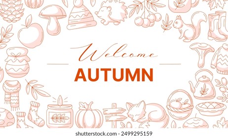 Autumn minimalist horizontal banner with border frame of fall cozy elements. Monochrome red color, text in the middle, isolated background. Seasonal poster, flyer, cover, advertising, invitation