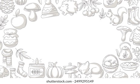 Autumn minimalist horizontal banner, round frame of fall cozy elements. Monochrome gray icons, empty space for text in the middle, isolated background. Seasonal poster, flyer, cover, invitation, card