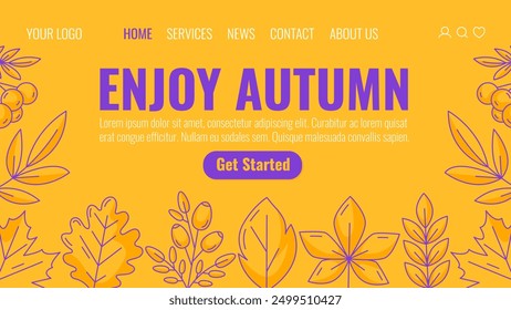 Autumn minimalist landing page vector template. Bright yellow purple seasonal fall leaves of oak, aspen, maple, chestnut leaf, rosehip and rowan. For website, web, online, banner. Isolated background