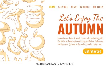 Autumn minimalist landing page vector template. Monochrome orange seasonal fall cozy elements from chanterelle, jam, warm socks, apple, acorn. For website, web, online, banner. Isolated background