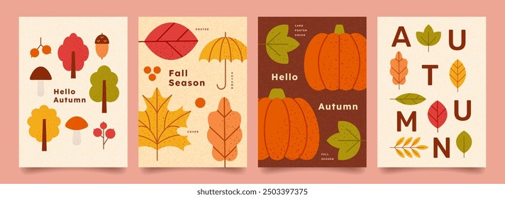 Autumn minimalist posters with patterns colorful geometric fall icons. Autumn leaves, pumpkins, berries, mushrooms, umbrella, trees. Vector template for card, banner, cover, ads, branding.