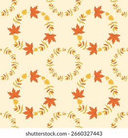 Autumn minimalist seamless pattern with leaf wreaths