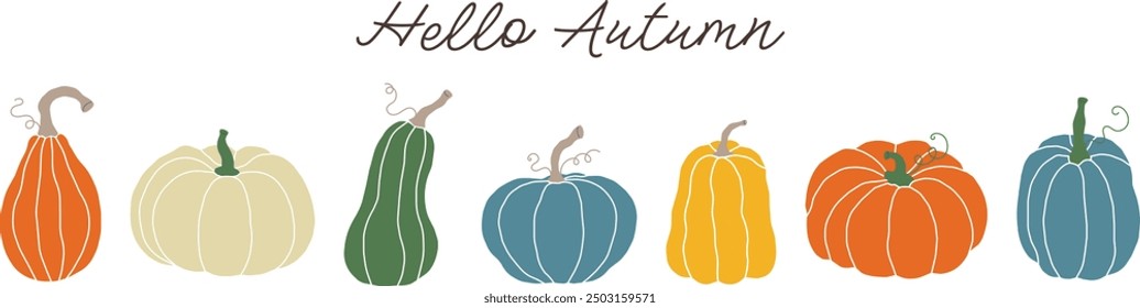 Autumn minimalistic banner with cute colorful pumpkins. Hello Autumn. Template for thanksgiving and harvest day.