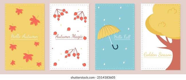 Autumn minimalistic covers or cards set. Text and seasonal elements on isolated background. Vector illustration templates.