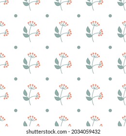 Autumn minimalistic pattern on a white background. Branch with red berries. Seamless pattern for printing, packaging, postcards, textiles.