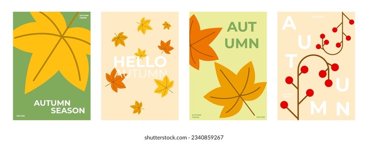 Autumn minimalistic poster set. Set of colorful autumn posters with yellow leaf. Template for advertising, web, social media. Vector illustration