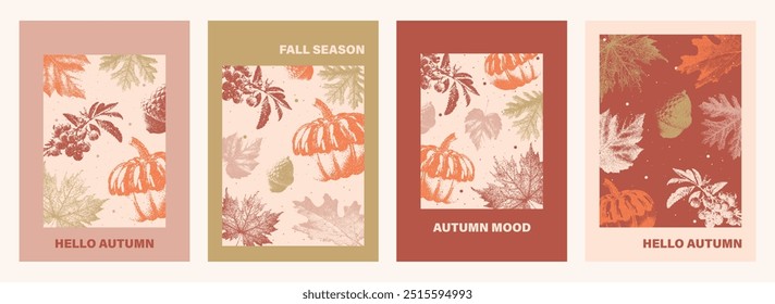 Autumn minimalistic posters with a photocopy effect. Leaves, pumpkin, berry with grain and dotted lines.Vector design background, banner, postcard, cover.