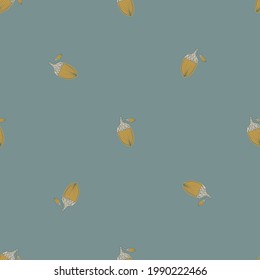 Autumn minimalistic seamless pattern with little acorn elements. Blue background. Simple style. Vector illustration for seasonal textile prints, fabric, banners, backdrops and wallpapers.