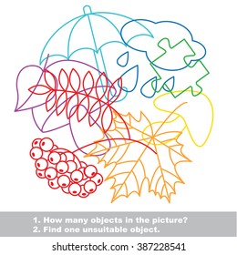 Autumn mishmash colorful set in vector. Find all hidden objects on the picture. Find one unfit object. Visual game for children.