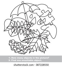Autumn mishmash set in vector outlined to be colored.  Find all hidden objects on the picture. Visual game for children.