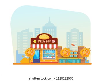 Autumn modern city bakery shop building facade, store. City baking shop building. Street bread stores with fresh food. Urban landscape. Showcase on the street. Vector illustration.
