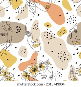 Herbst Moderne, durchgängige, einzeilige Kunst im Kubismus-Stil mit geometrischen Formen. Abstrakte 1-zeilige Zeichnung Frauengefühl mit Blumen und Blättern Muster