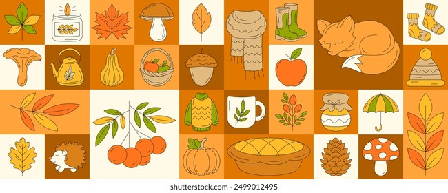 Autumn modern geometric horizontal banner or background with cozy fall elements. Minimalist abstract layout, seasonal vector illustration for poster, web, advertising, flyer, cover, party or festival