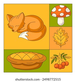 Tarjeta cuadrada geométrica moderna del otoño con los Elementos de la caída del zorro durmiente lindo, pastel de la calabaza, rowan, amanita y hoja de roble. Ilustración vectorial de temporada para el cartel, Anuncio, redes sociales, tarjeta de felicitación