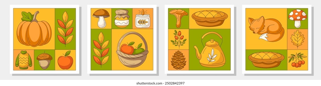 Autumn modern geometric square posters set with cozy fall elements from pumpkin, harvest, fox, mushroom, acorn. Trendy seasonal vector illustration for postcard, banner, social media, greeting card