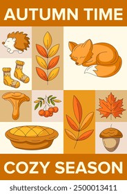 Otoño moderno póster de Vertical geométrica a4, acogedores Elementos de otoño de erizo lindo, zorro durmiente, chanterelle, pastel de calabaza, bellota. Fondo de Vector minimalista estacional para portada, Anuncio, festival