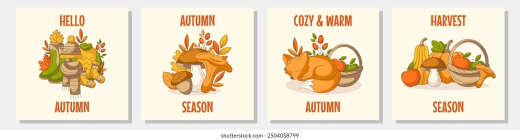 Autumn modern greeting card, square posters set, cozy fall elements from pumpkin, harvest, fox, mushroom, clothes. Trendy seasonal vector illustration for postcard, banner, social media, web, flyer