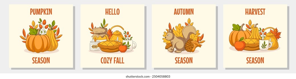 Tarjeta de felicitación moderna de otoño, conjunto de carteles cuadrados, Elementos de otoño acogedores de calabaza, cosecha, ardilla, champiñón, pastel. Ilustración vectorial de temporada de moda para postal, Anuncio, redes sociales, Web, volante