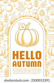 Autumn modern minimalist orange design, vertical poster a4 with cozy fall elements background. Seasonal vector illustration for banner, book cover, notebook, card, invitation, advertising or planner