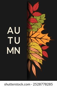Autumn modern poster with trendy font. Card with fall leaves of maple, oak, birch, rowan, willow in hand drawn style. Vector black flyer for advertising, marketing, sales, social media, web.