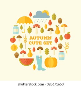 Autumn modern style flat design set. Vector concept illustration. Objects colorful collection.