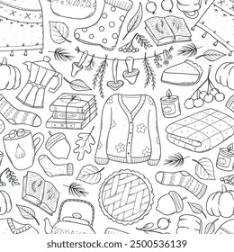 Autumn monochrome doodles seamless pattern for wallpaper, packaging, scrapbooking, stationary, wrapping paper, textile prints, etc. EPS 10