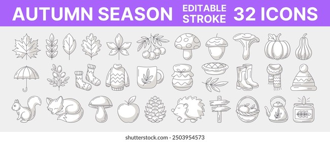 Autumn monochrome gray line icons set, vector illustration, editable stroke. Season collection, seasonal elements, symbols, attributes. Fall leaves, clothes, mushrooms, wild animals, berry, pumpkin.