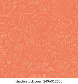 Autumn monochrome seamless pattern with doodles on orange background, textile prints, wallpaper, scrapbooking, stationary, wrapping paper, etc. EPS 10