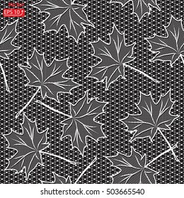 Autumn monochrome seamless pattern maple leaf,  white leaves design, ornamental band Abstract Lace Ribbon. Template frame Lace Doily.border  isolated on black background vector illustration