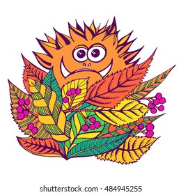 Autumn monster. Hand drawn vector illustration. Funny card for Halloween, cute design in doodle style.