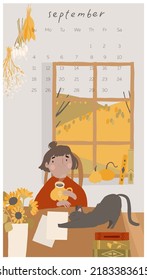 Autumn month calendar card with young happy woman. Fall cozy postcard with fun person among leaves. Cute studying girl teenager on Fall background. Colored flat vector illustration in cartoon style