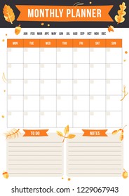 Autumn monthly planner and to do list with leaf, acorn and oak. Hand draw stamp vector illustration. Template for print, school and office.
