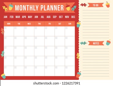 Autumn monthly planner with drawn acorns and oak leaves. Template with place for notes. Vector illustration for print, office, school.