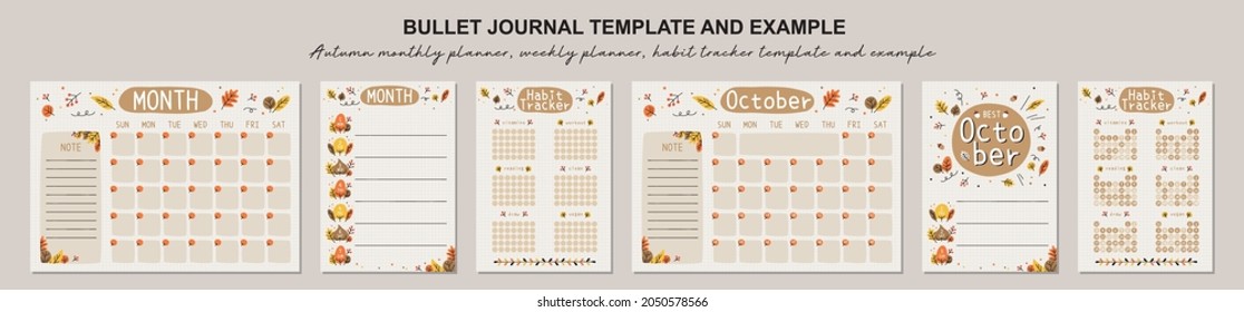 Autumn Monthly Planner, Weekly Planner, Habit Tracker Template And Example.  Template For Agenda, Schedule, Planners, Checklists, Bullet Journal, Notebook And Other Stationery.