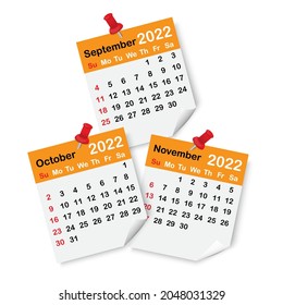 Autumn months 2022. Orange calendar page icon. Red drawing pin. Office template. Vector illustration. Stock image. 