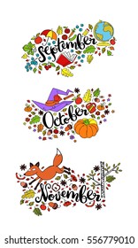 Autumn months. September. October. November. Isolated vector objects on white background.
