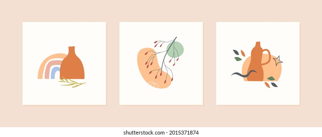 Autumn mood abstract greeting card with vases, rainbow, plants, leaf, berries and geometric shape. Trendy square poster. Fall season nature minimal wall art. Vector illustration flat freehand style.