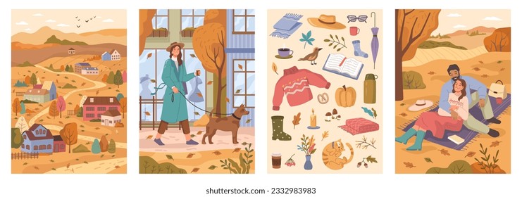 Autumn mood background set. Vector trees with falling leaves, village houses and woman walking with dog. Couple in love on picnic, fall stickers and autumn atmosphere