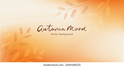 Autumn mood banner. Gradient soft background in walm shades. Red, orange retro backdrop. Defocused abstract landscape. Leaves, plants. 