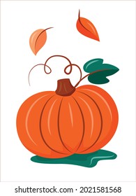 Autumn mood. Big pumpkin with falling leaves. Thanksgiving and Halloween Element, Harvest concept. Isolated for greeting card, banner, poster