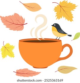 Sentimiento de otoño. El pájaro se sienta en una taza de café caliente, hojas de otoño. Colección de otoño.