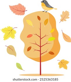 Autumn mood. Bird, tree, autumn leaves. Autumn collection.