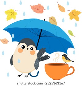 Autumn mood. Birds under an umbrella in the autumn rain, a mug of coffee and leaves. Autumn collection.