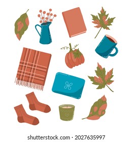 Autumn mood board clip art. Colorful line filled set. Stock vector illustration.