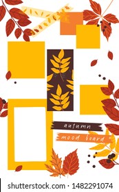 Autumn mood board. Poster cards photos leaves stickers hanging on the wall. Trendy inspirational background. Vector illustration