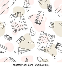 Autumn mood board texture. Line art seamless pattern. Stock vector illustration.