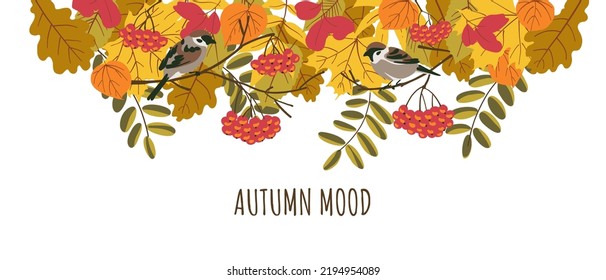 Autumn mood border. Falling leaves, sparrows, mountain ash. flat style