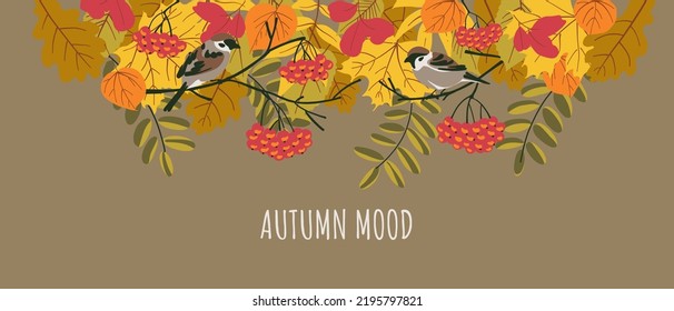 Autumn Mood Border. Falling Leaves, Sparrows, Mountain Ash On A Dark Background. Flat Style