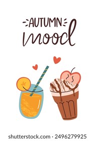 Tarjeta de sentimiento de otoño con letras de mano, cartel de bebidas de otoño acogedor, Ilustración vectorial en estilo de dibujos animados planos. Bebidas de temporada, jugo de calabaza y chocolate caliente, composición de café con leche de manzana